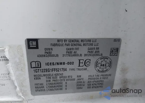 2015 GMC Sierra 2500Hd Slt z USA, uszkodzony, nr VIN 1GT12ZEG1FF621794